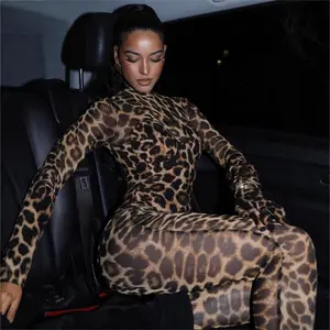 Women's Spring Leopard Mesh Long Sleeve Stand Collar Slim Fit Long Jumpsuit Womenswear Overalls