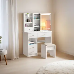 Makeup Vanity Desk with Mirror and Lights,Makeup Vanity Table Set with Chair and Adjustable Brightness, 3 Color Lighting Modes, Vanity Desk for Women(White)