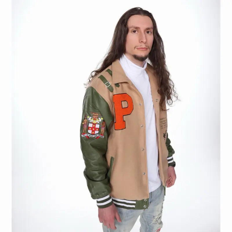 The Natives Vintage Varsity Jacket with Embroidered Crest and Letter P in Olive and Tan Colors