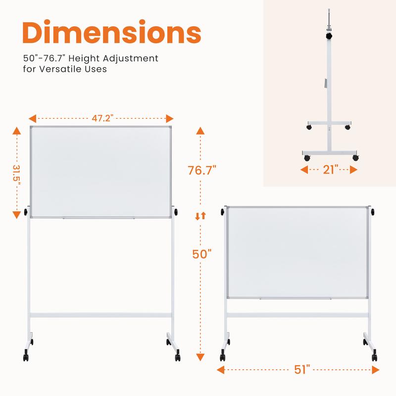 Rolling Whiteboard Double Sided , Magnetic White Board Dry Erase 46"x32" on Wheels, Dry Erase Board with Stand for School, Office and Home, Silver Aluminium Frame