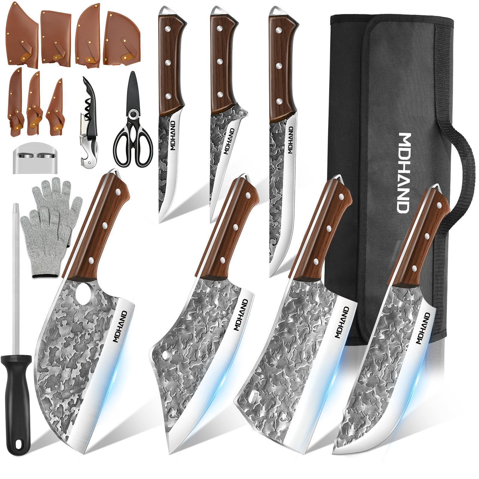 MDHAND 14pcs Chef Knife Set, Hand Forged High Carbon Steel,Includes Butcher,Meat Cleaver, Boning,and Viking Knives,with Knife Bag