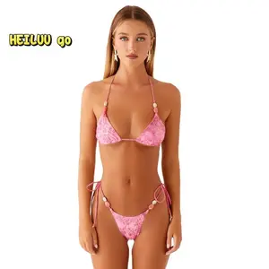Women��s Beaded 2pcs Bikini Set - Pink Printed  Adjustable Waist Briefs + bra  - Suitable for Beach Vacation Swimming