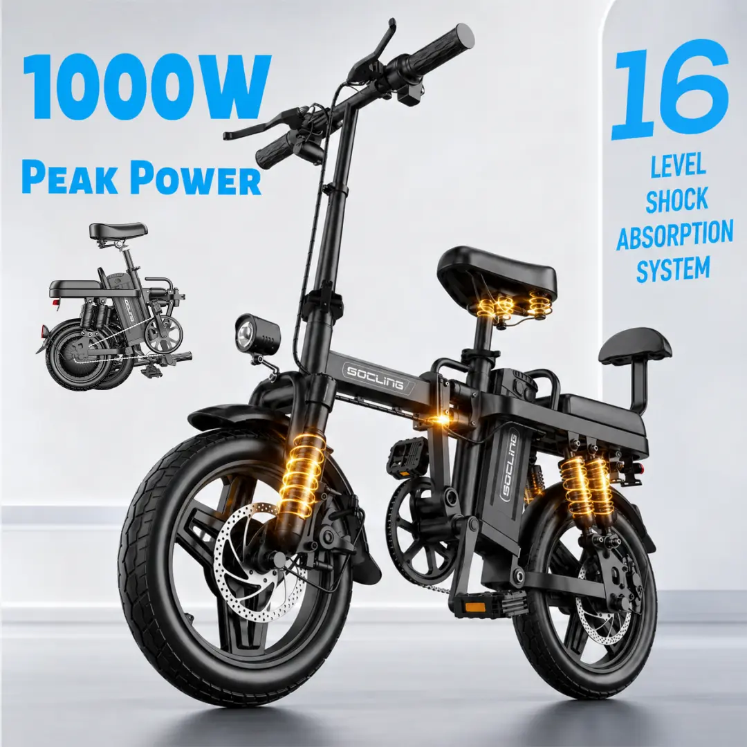 Adult Urban Compact Foldable Electric Bike with Adjustable Seat, 800W Motor, 14" Wheels, 48V 15Ah Removable Battery, Up to 20MPH, 30 Mi Range, 2-Person Capacity, 3 Riding Modes, Mechanical Disc Brakes, UL2849 Certified, for Commuting & E-Biking