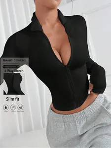 Women's Long Sleeve Zipper Fitted Top, City Street Style, Sexy Sporty, Half Zip Sportswear, Sweat-Wicking, Breathable, Casual Vintage, All Seasons