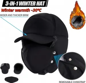 Cold Resistant -30°C Winter Windproof Warm Hat with Earmuffs Plush Material for Men Women Skiing Hunting Fishing Hiking 3-in-1 Design