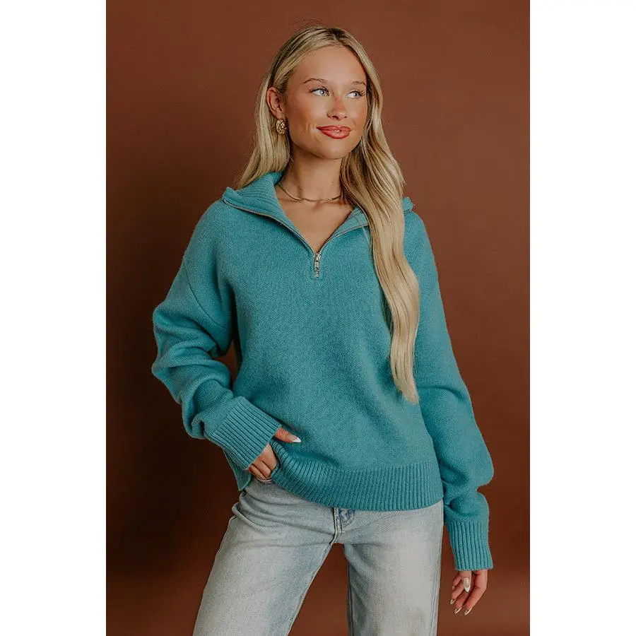 Brisk Stroll Quarter Zip Knit Sweater in Turquoise