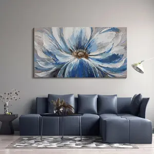 Floral Canvas Wall Art for Living Room Large White and Blue Floral Picture Wall Decoration Artwork Ready to Hang in Bedroom Wall Decoration at Home