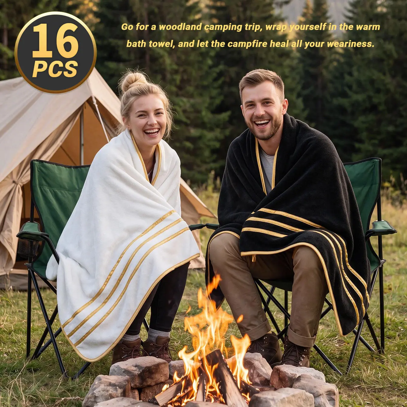 16-Piece Gold Trim Microfiber Towel Set, containing 2 bath towels, 4 hand towels and 10 washcloths. These ultra-soft, highly absorbent and quick-drying towels are perfect for bathrooms, hotels, travel and swimming. They make an ideal gift for wedding