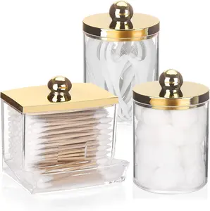 10oz Cotton Ball Holder 7oz Qtips Dispenser, Bathroom Container Organizer for Storage Cotton Swabs, Pads - Apothecary Jar with Gold Lids