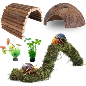 Hermit Crab Accessories, Hermit Crab Climbing Toys Bendable Bridge Coconut Shell Hideout Hut Plants for Crested Gecko Chameleon Reptile Amphibians Supplies