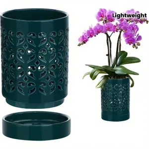 Retro geometric pattern ceramic orchid flowerpot-4-inch indoor and outdoor breathable with drainage holes and trays, light and suitable for orchids, succulents and herbs planting | portable gardening utensils