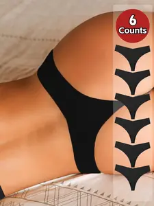 6-Pack Women's Low Waist Seamless Thong Panties, Pure Color Ice Silk No Show Underwear, Breathable Summer Thongs for All Seasons