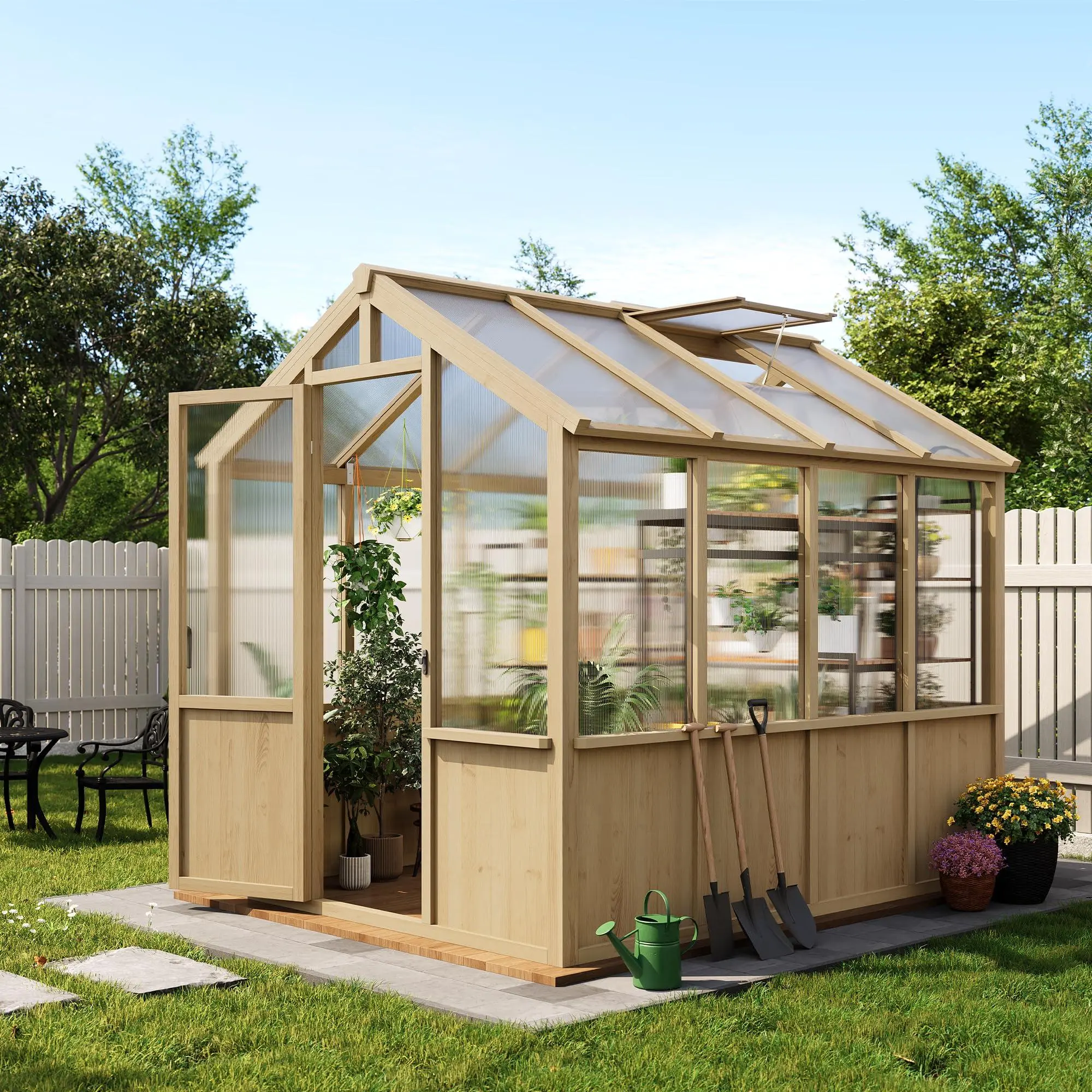 Compact and Sturdy, 6x8 FT Wooden Greenhouse with Heavy Duty Spruce Frame and PC Panels, Walk-in Design with Roof Vents for Garden and Backyard