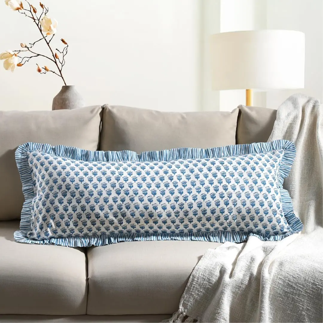 Apatite Blue   Block  Ruffle Sham Cover 14x36 inch, Handmade Boho Floral Pillowcase, Farmhouse Cottagecore Bedding, Soft Decorative Cushion Cover for Bedroom Decor