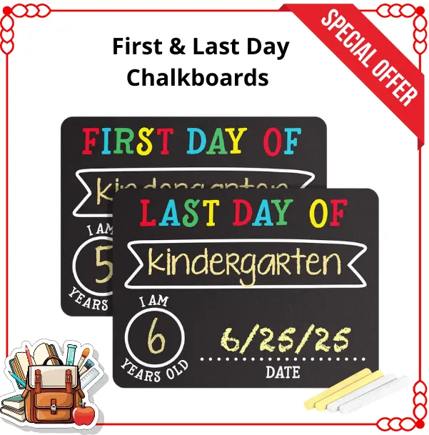 Pearhead First & Last Day of School Chalkboard Signs, 2 Pack Reusable Erasable Photo Props with White & Yellow Chalk, Back to School Memory Board for Kids