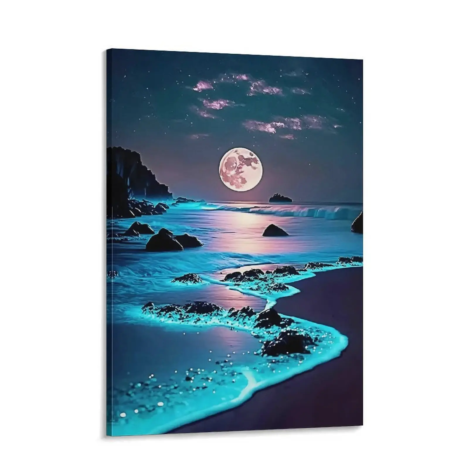 Moonlit Ocean Night Wall Print - Ocean Inspired Design Art Wall Decoration, Soothing House Decor Inspo, Optional Frame, Easy Install for Living Room, Bedroom, Serene Vibes
