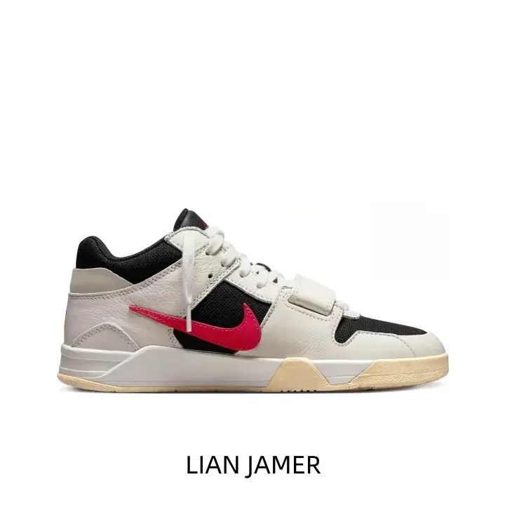 This fashionable mid‑top sneaker combines off‑white suede, black fabric panels and bold red graphic accents with vintage cream outsole, delivering stable support and reliable cushioning for street‑wear outfits and casual city daily outings.