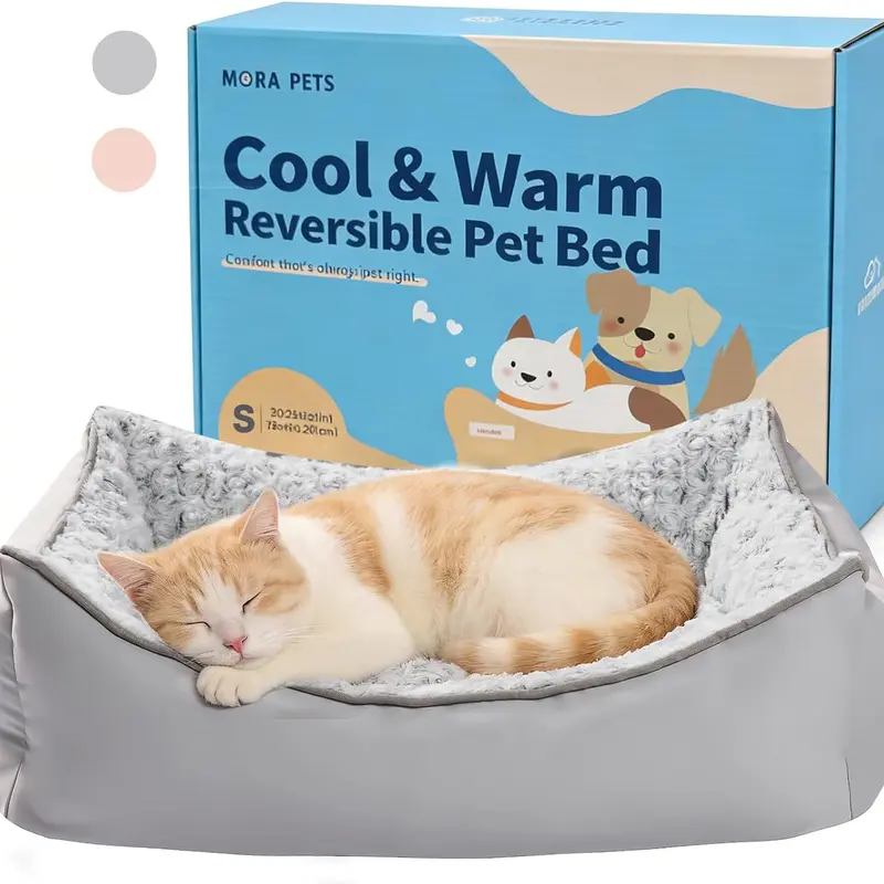 Mora Pets 2-in-1 Reversible Cool/Warm Calming Pet Bed - 20x19x6 inch 1-Piece Soft Fabric Bed with 4-sided Head Rest, Head/Neck Cradle, Joint Relief, Low-entry Access, Wash-ready, Anti-slip Base for Small-Medium Dogs & Indoor Cats