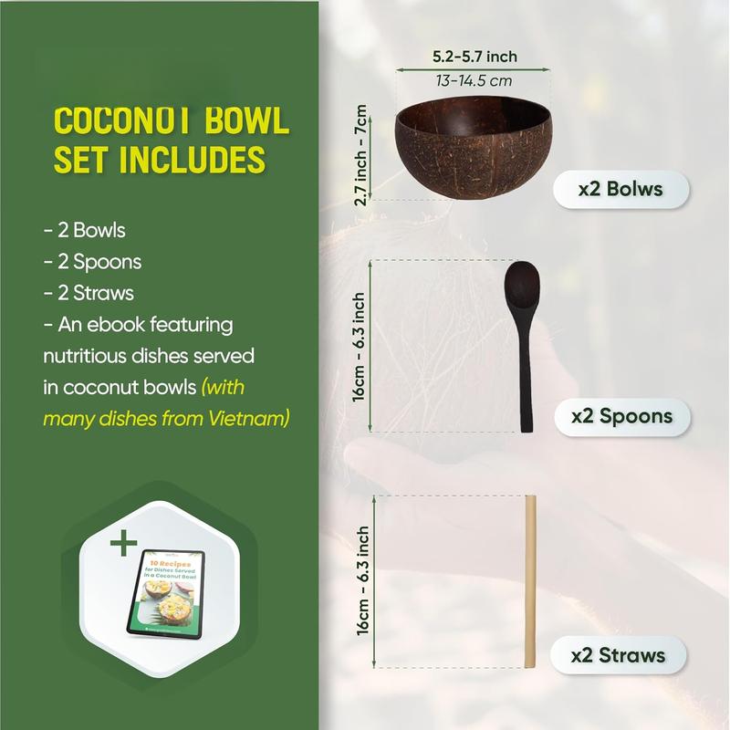 Coconut Bowl with Wooden Spoons and  Straws -   Coconut Shell  for Smoothie, Acai, Buddha & Yogurt Bowls -  for  Eating (2, Polished)