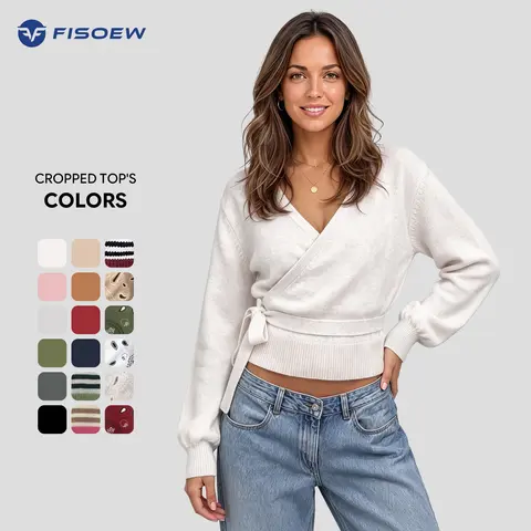Fisoew Womens V Neck Wrap Cardigan Sweaters Casual Tie Belted Long Lantern Sleeve Slim Fit Knit Crop Pullover Tops SohoChic