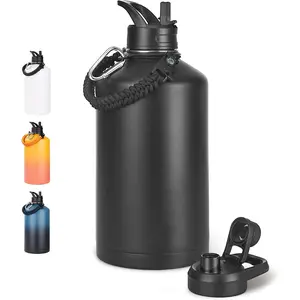 Gallon Water Bottle with 2  (Straw & Spout), 304 Stainless Steel Water Jug with Handle and Wide Mouth, 1 Gallon Vacuum Double Walled Jug for , Outdoors, Leak-Proof, Black 128 oz