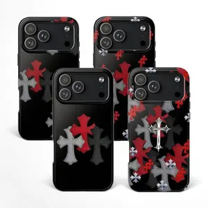 Luxury Black And Red Chrome Hearts Cross Gothic Art Heavy Duty Tough Phone Case Shockproof Drop Protection Durable Hard Cover Trendy Gift for iPhone 11 12 13 14 15 16 17 Pro Max Plus