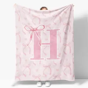 Pink Bow-Knot Knitted Flannel Throw Blanket (A–Z — 26 Letters) — A Cozy & Aesthetic Decorative Throw for Sofas and Beds; A Lovely Gift for Women, Children, and Adults — SummerVibes Series