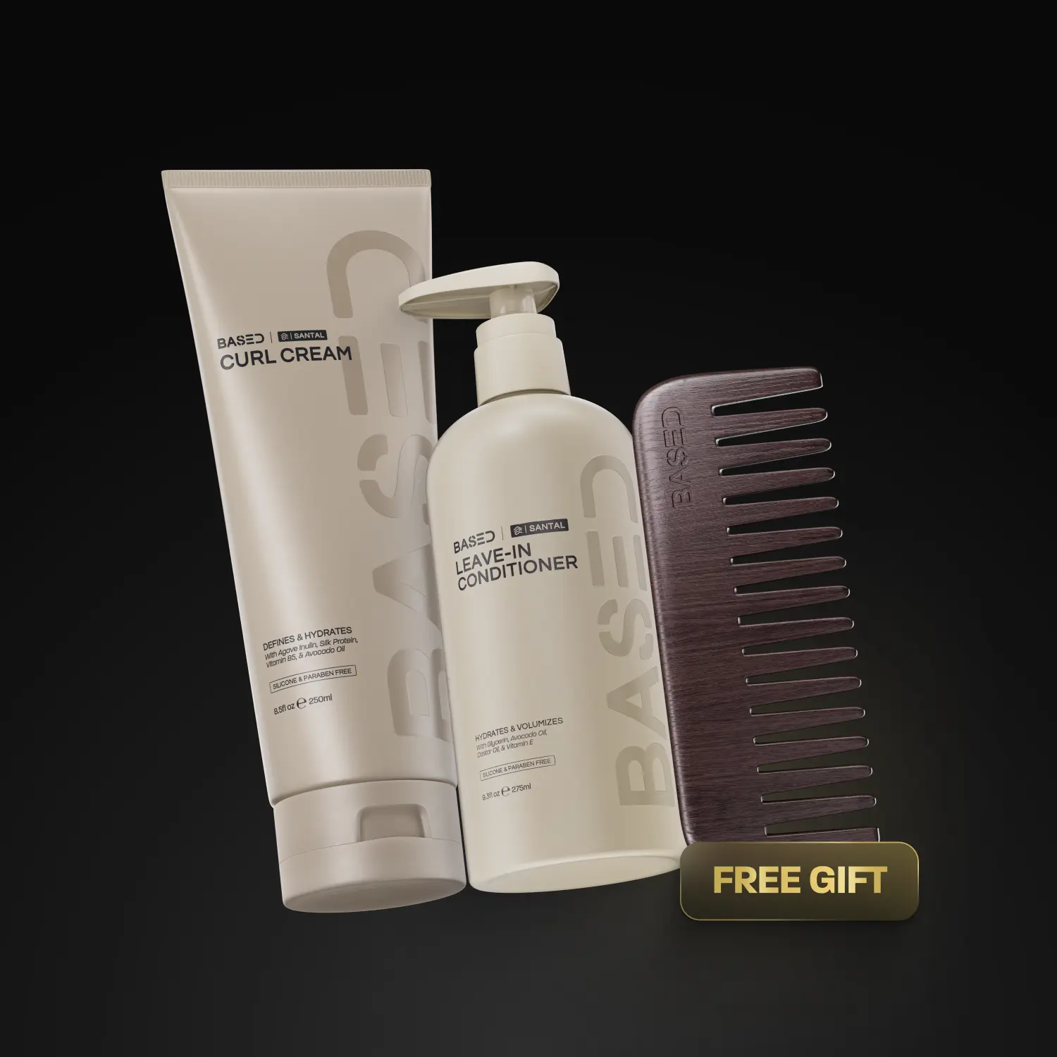 BASED Hair Styling Bundle: Curly Duo | Curl Cream + Leave-In Conditioner | Free Dark Wooden Comb BASED Hair Styling Bundle: Curly Duo | Curl Cream + Leave-In Conditioner | Free Dark Wooden Comb