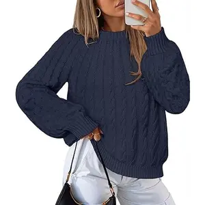 MEROKEETY Women's Fall Cable Knit Sweater 2025 Fashion Warm Crew Neck Lantern Sleeve Chunky Winter Pullover Tops