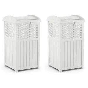 Suncast Wicker Resin Outdoor Hideaway Trash Can Bin with Latching Lid (2 Pack)
