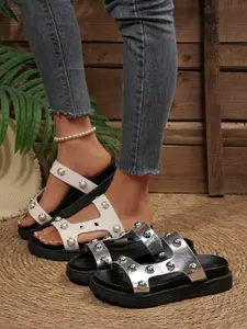 Studded Crocodile Print Slip-On Sandals, Metal Buckle Thick Sole Shoes, Multiple Colors Available, Casual Streetwear for Women