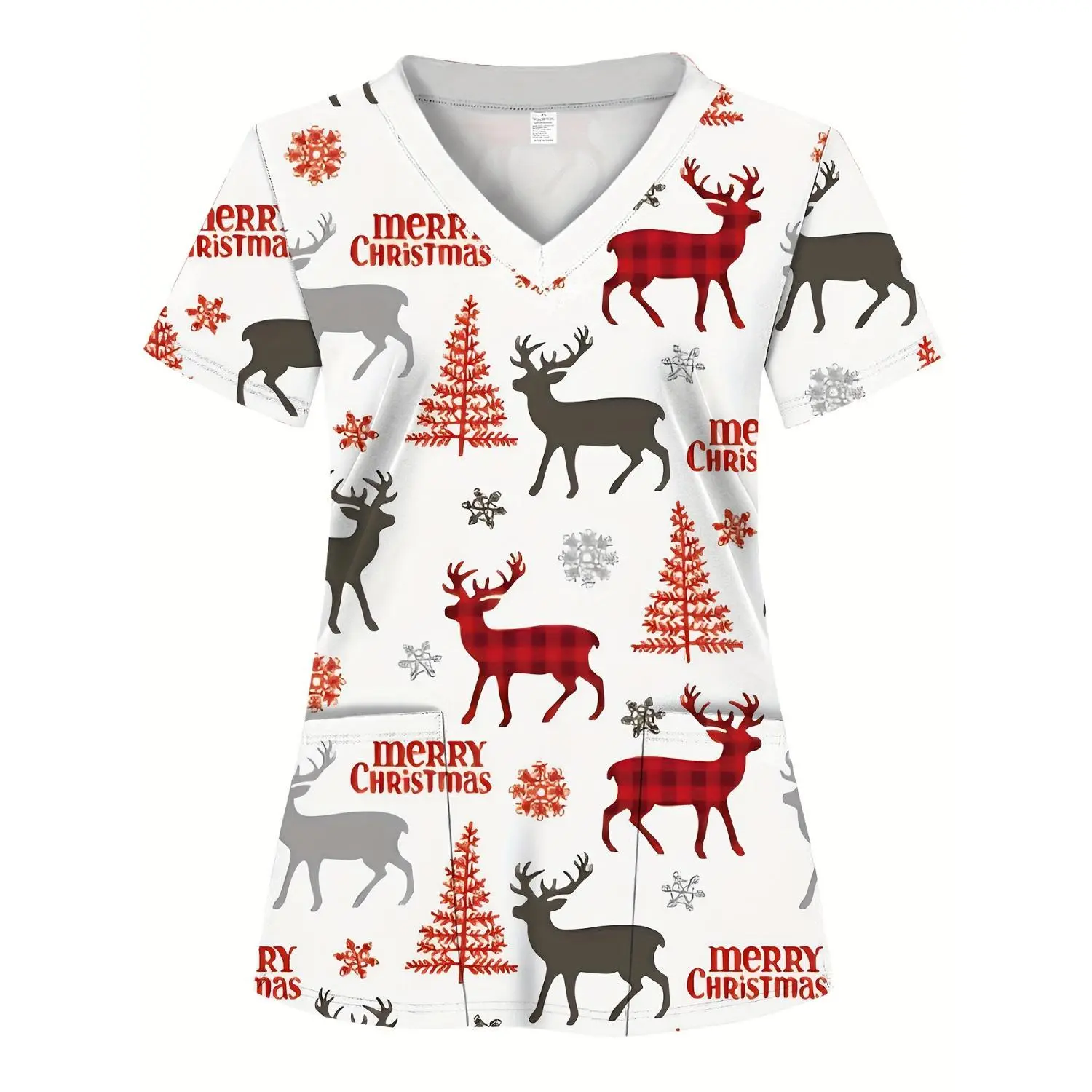 Women's Soft & Breathable Christmas Deer and Merry Christmas Print V-Neck Scrub Top - Ideal Work Shirt for Hospital, Dental Office, Nurse Uniform - Machine Washable