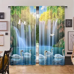 2-Piece set, autumn natural scenery theme printed curtains, autumn forest tree river landscape design, privacy protection, suitable for bedroom living room study balcony home decoration. Autumn Thanksgiving decoration, room decoration.