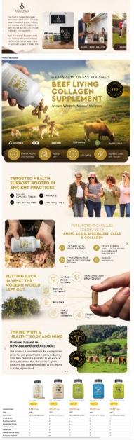 Ancestral Supplements Grass Fed Beef Living Collagen Powder 3000mg Type II 180 Capsules for Skin Hair Nails Joints Optimum Wellness Supports Joint Health & Connective Tissue Vitality