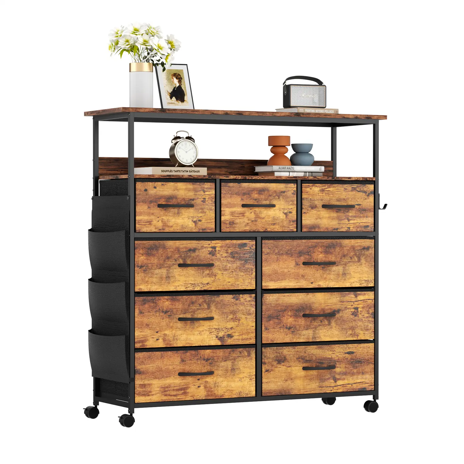 Apicizon Greenish Spring 9-Drawer Dresser, Tall Modern Storage Organizer with Deep Drawers and Two-Tiered Shelves, Spacious Storage Tower for Bedroom Closet Living Room