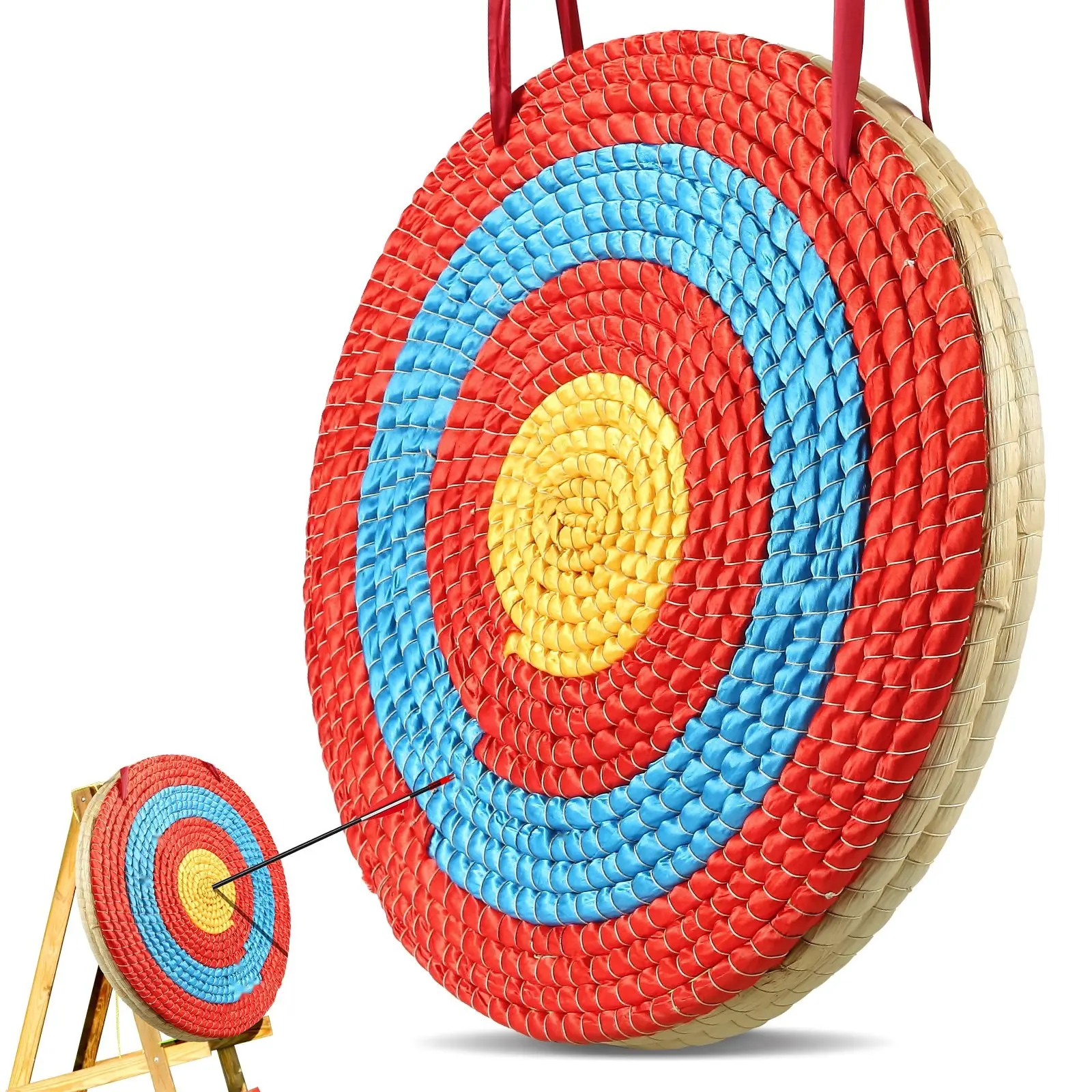 Archery Target, 3-Layer 20-Inch Straw Target, Traditional Solid Round Archery Target for Bow Shooting Practice, Hand-Made Arrows Target, Coloured Rope Handle, Outdoor Backyard Hunting Training, Safe Durable Weather-Resistant