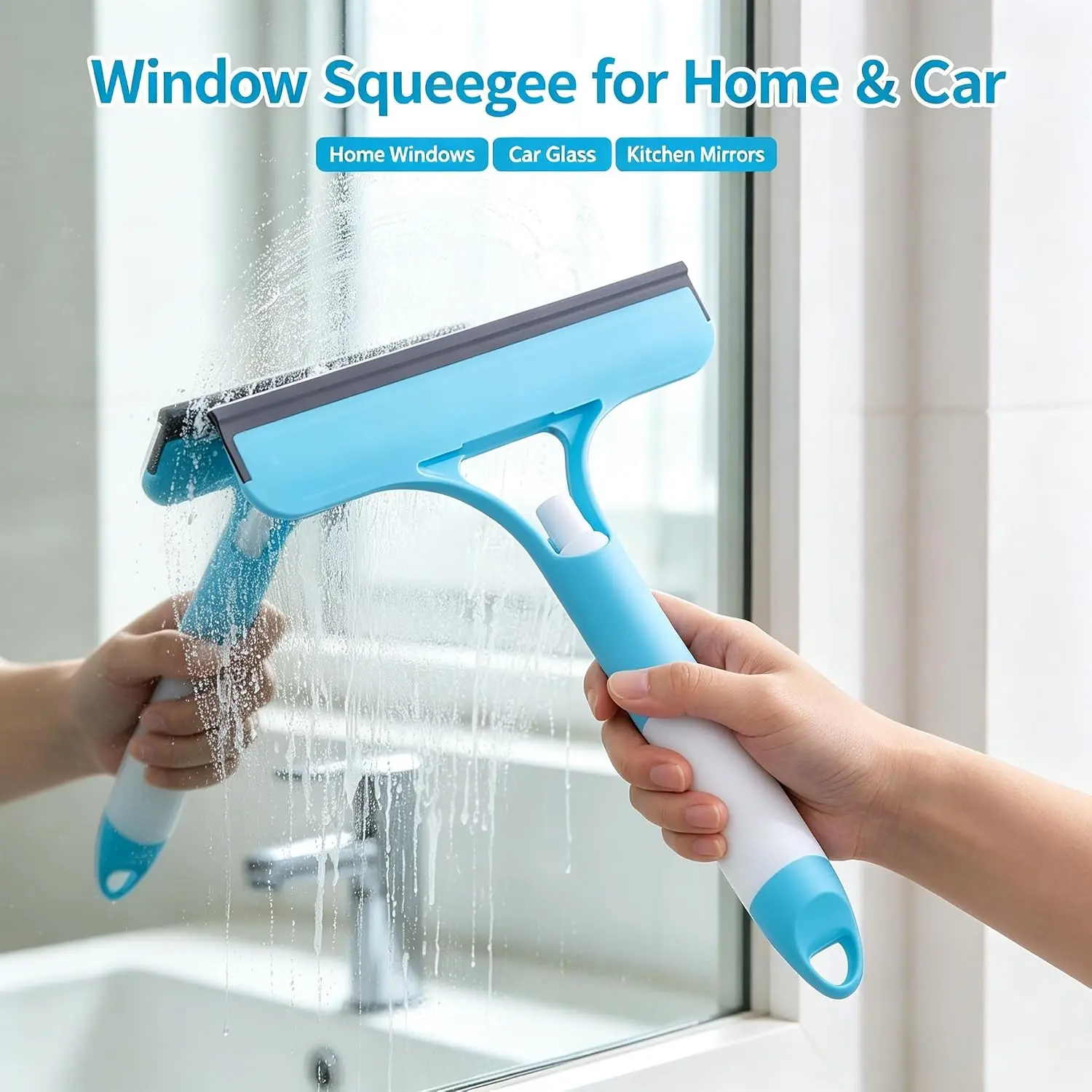 3-in-1 Streak-Free Squeegee Cleaner with Built-in Sprayer - Plastic Handle Scrubber, Glass Cleaning Tool for Shower, Car Windshield, Home Windows