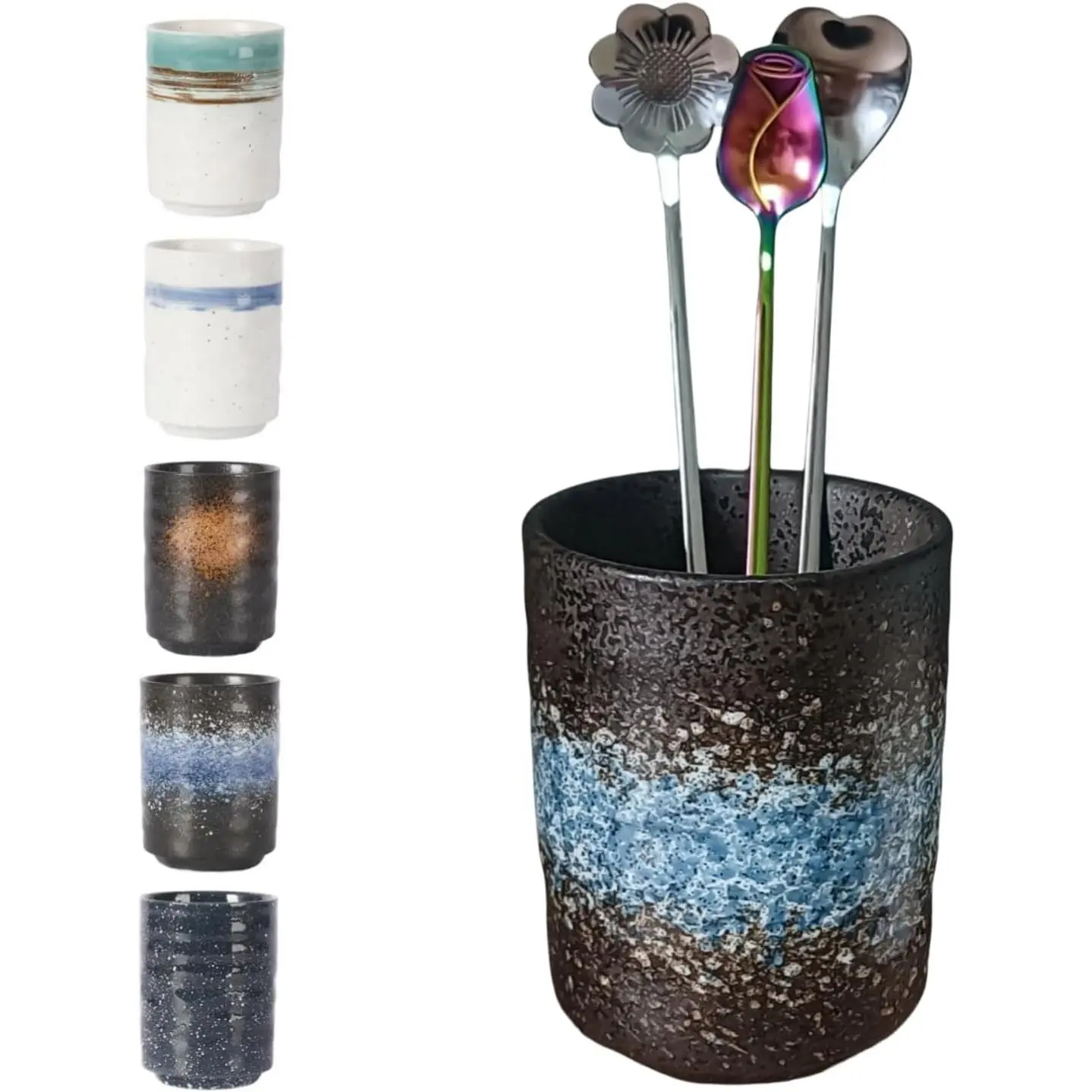 Stoneware Coffee Spoon Holder for Coffee Bar Accessories, Tea Spoon Holder Jar Teaspoon Holder Coffee Stirrers Holder Coffee Spoon Cup, Coffee Stir Stick Holder Small Utensil Holder (Sea Water)