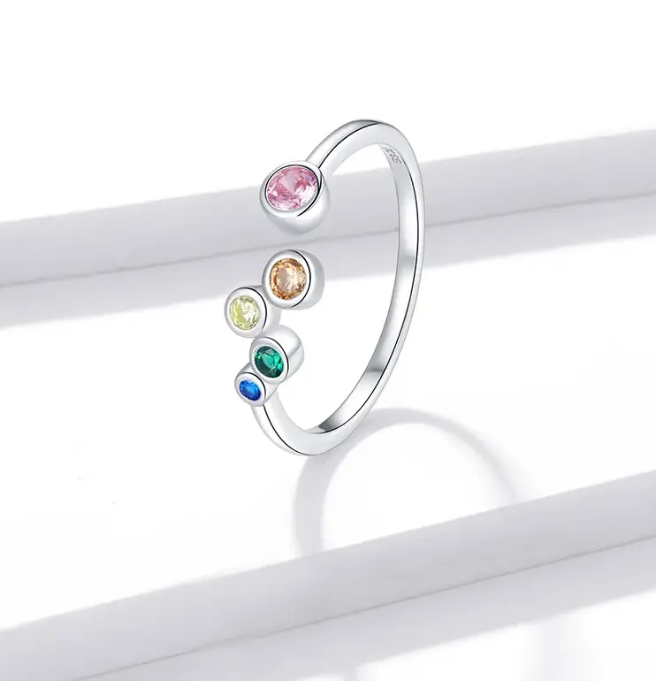 Platinum 925 Sterling Silver Rainbow Zirconia Bubble Adjustable Ring (Size 6.5-8)