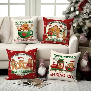 4pcs Christmas Pillowcases, Gingerbread House Gingerbread Snowman Gingerbread Christmas Tree Pattern Pillow Cover, 18x18 inches, Cane Sugar Hot Cocoa Printed Sofa Cushion Cover, Home Sofa Decoration, Christmas Decorations (without Pillow Core)
