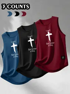 Men's 3-piece cross printed vest with the slogan 'I Can't But I Know A Guy' | Casual silk screen printed sleeveless tank top t-shirt, loose fit for training, commuting, and summer wear, durable and eye-catching print, suitable for daily and fitness use