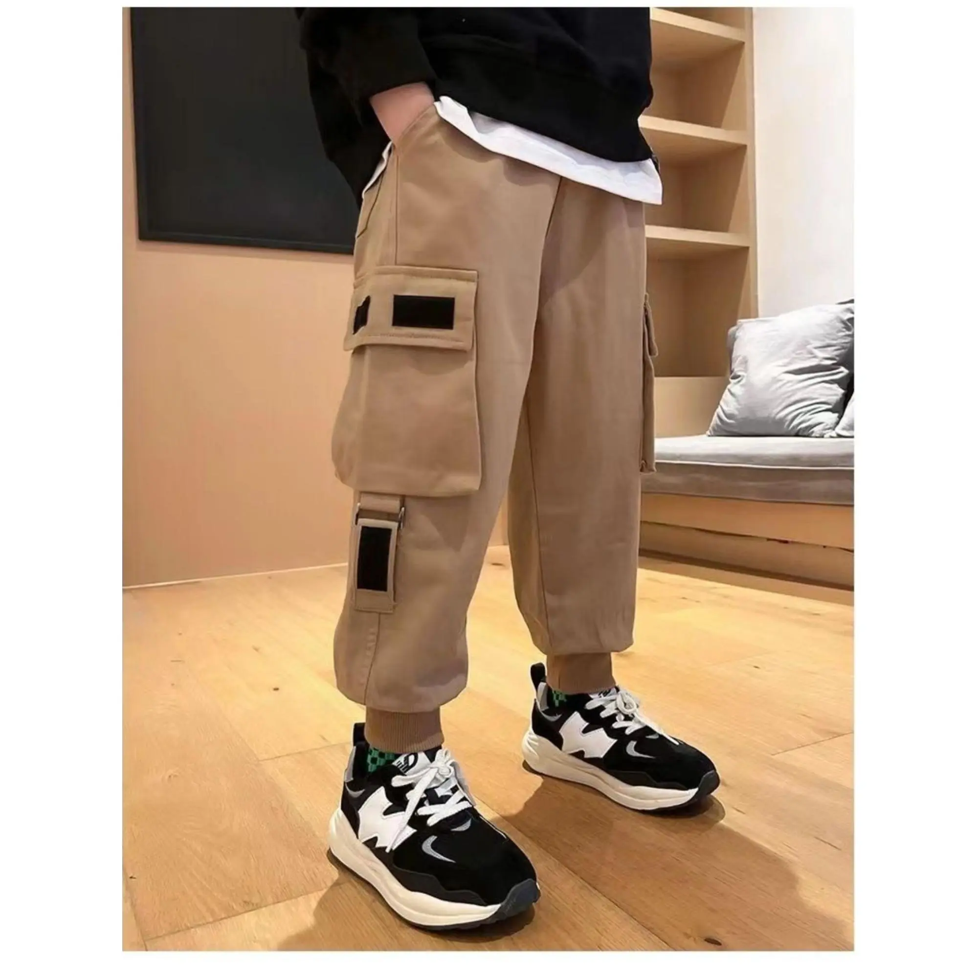 Boys' Loose Fit Cargo Pants with Multiple Pockets - Casual Sporty Style, Beige, Spring & Fall Trousers for Medium and Large Sizes (110-160), Perfect for Outdoor