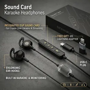 Karaoke Sound Card Wired Headphones Built in In-Ear Monitoring | Voice Changer | Reverberation | Sound Card Top-notch Microphone ll Free Gift iOS Lightning Adapter