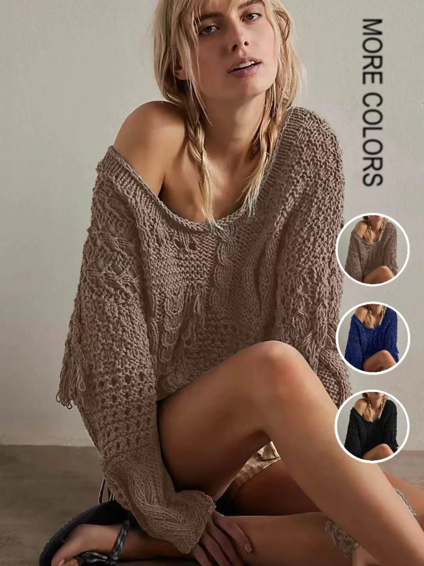 Off-Shoulder Knit Sweater for Women - Cozy and Stylish Black Top with Fringe Details Autumn Winter New Lazy Style Sweater, Unique Design Vintage Hollow Out Ripped Long Sleeve Knitwear, Casual Loose Fit Elegant Top Chic Everyday