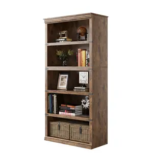 Sturdy 3/5-Tier Wooden Bookcase for Office – Tall Open Display Shelf, Rustic Farmhouse Style, Sturdy Wood Construction, Vintage Grey or Cherry Finish