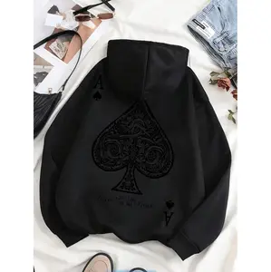Intricate Ace Of Spades Patterned Fleece Hoodie For Men Fall And Winter Fashion Essential Comfortable First Choice
