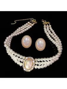 3pcs Vintage Palace Style Earrings & Short Necklace Set, Bridal Faux Pearl Choker For Wedding Elegant