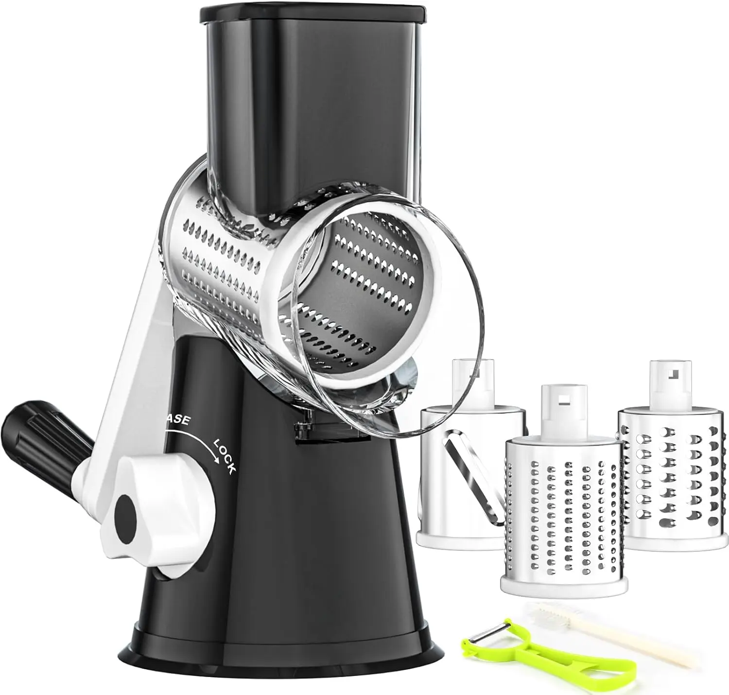 Ourokhome Rotary Cheese Grater with Hand Crank, 3-Blade Kitchen Shredder and Slicer for Cheese, Vegetables, Nuts, Chocolate & Potatoes, Black
