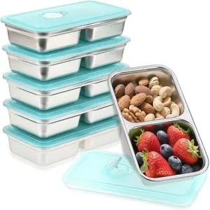 Stainless Steel Snack Containers, 6-Pack Reusable Grab and Go Containers with Leakproof Lids, Dual Compartment Bento Box for Travel, Camping & Lunch Prep