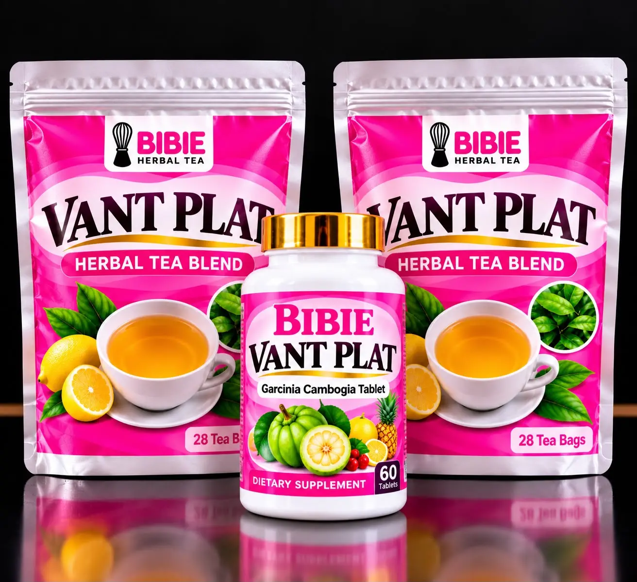 BIBIE VANT PLAT Herbal Tea & Garcinia Cambogia Tablets Bundle, 2 Packs of 28 Tea Bags and 60 Tablets